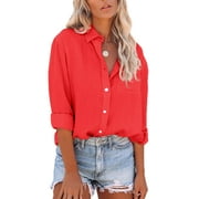 Frontwalk Ladies Baggy Lapel Neck Tunic Shirt Button Down Loose Shirts Women Turn Collar Holiday Blouse Red XXL