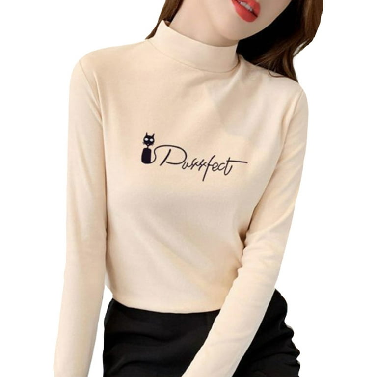 Frontwalk Ladies Base Layer Tops Long Sleeve Thermal T Shirt Solid Color  Tee Work Plain Fleece T-shirt Half Turtleneck Pullover Apricot-C 3XL 