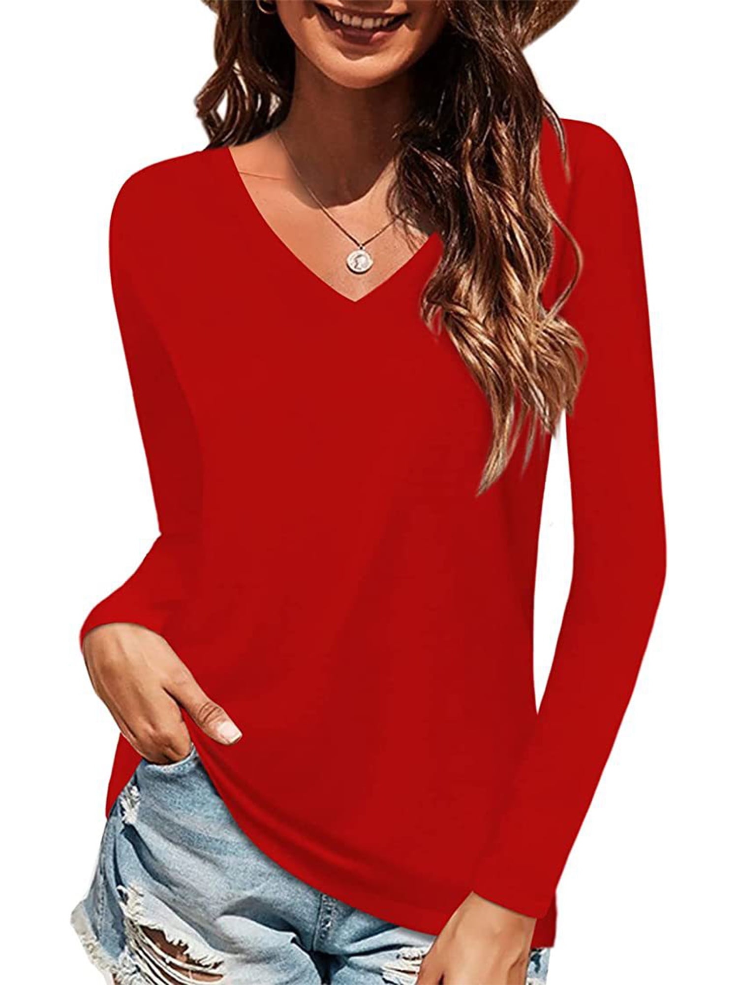 Frontwalk Ladies Basic V Neck Tops Long Sleeve Loose Pullover Women Solid  Color Dailywear T-shirt Red XL