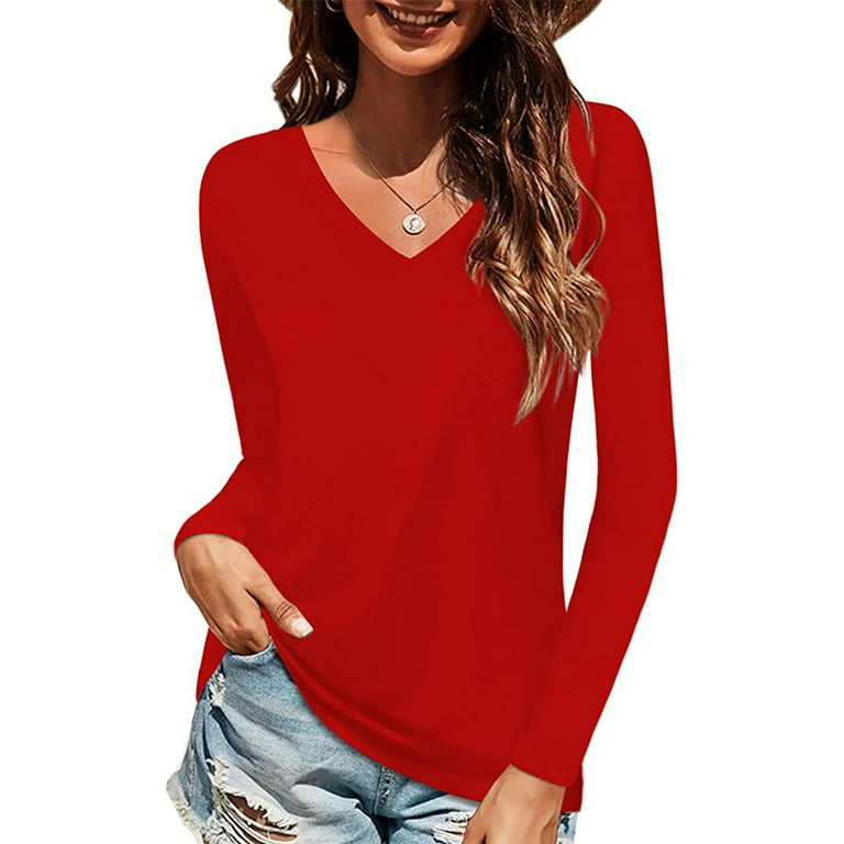 Frontwalk Ladies Basic V Neck Tops Long Sleeve Loose Pullover Women Solid  Color Dailywear T-shirt Red XL 