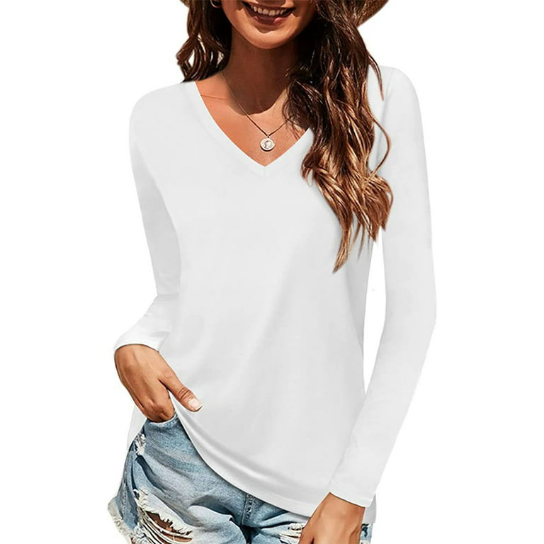 Frontwalk Ladies Basic V Neck Tops Long Sleeve Loose Pullover Women Solid  Color Dailywear T-shirt White M