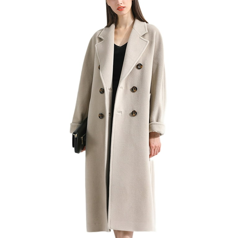 Frontwalk Ladies Belted Long Sleeve Trench Coats Double Breasted Casual  Wool Pea Coat Women Notch Lapel Travel Overcoats Beige M 