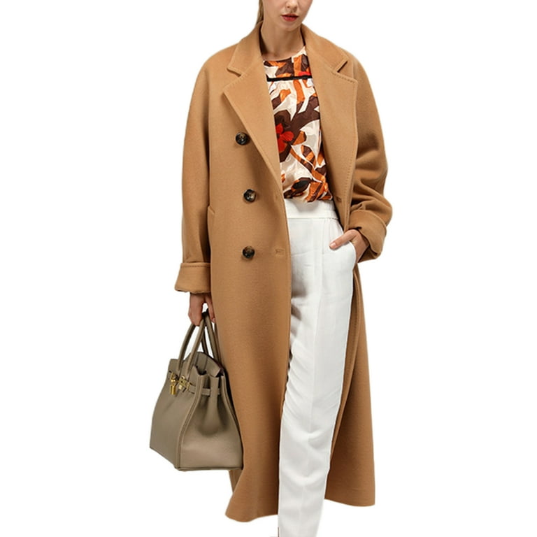 Frontwalk Ladies Belted Long Sleeve Trench Coats Double Breasted Casual  Wool Pea Coat Women Notch Lapel Travel Overcoats Camel L 