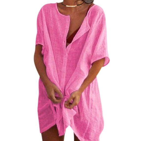 Frontwalk Ladies Blouse V Neck Tops Short Sleeve Shirts Work Bohemain Tunic Shirt Button Down Pink 3XL