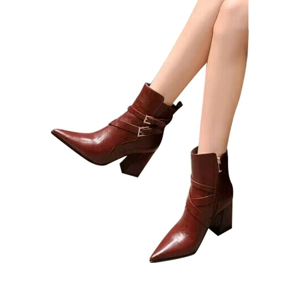 Frontwalk Ladies Booties Pointed Toe Ankle Boots Chunky Heel Dress Boot Work Fashion Winter Shoes Womens Buckle Strap Wine Red 5