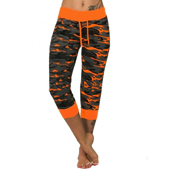 Frontwalk Ladies Capri Pants Elastic Waist Bottoms Camouflage Print Sport Trousers Fitness Loose Fit Workout Pant Drawstring Orange L