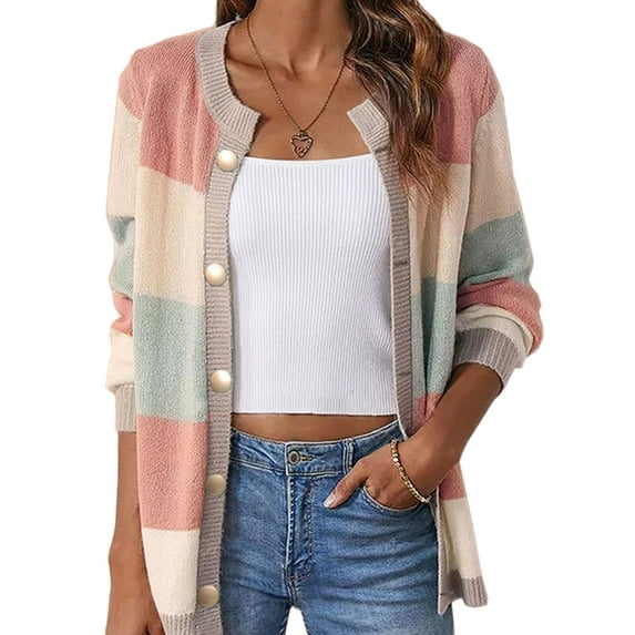 Frontwalk Ladies Cardigan Sweater Open Front Coat Striped Outwear Women Cozy Jumper Long Sleeve Jacket Pink S