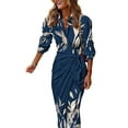 thumbnail image 1 of Frontwalk Ladies Casual Lace Up Dresses Lapel V Neck Long Dress Women Geometric Holiday Beach Sundress 11 Navy Blue L, 1 of 2