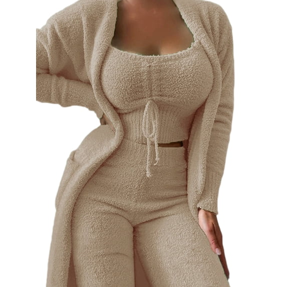 Frontwalk Ladies Casual Long Sleeve Lounge Sets Crop Tank Tops Regular Cardigan Outfit Set Solid Color Winter Fuzzy 3 Piece Sweatsuit Camel 3XL