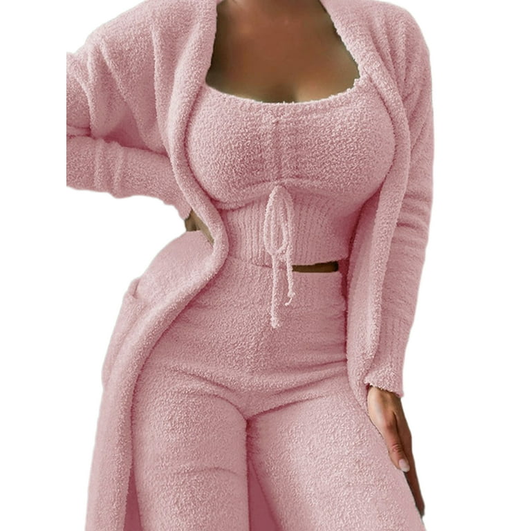 Frontwalk Ladies Casual Long Sleeve Lounge Sets Crop Tank Tops Regular  Cardigan Outfit Set Solid Color Winter Fuzzy 3 Piece Sweatsuit Pink XL 