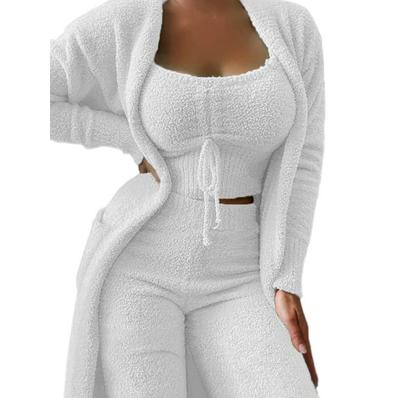 Frontwalk Ladies Casual Long Sleeve Lounge Sets Crop Tank Tops Regular Cardigan Outfit Set Solid Color Winter Fuzzy 3 Piece Sweatsuit White XL