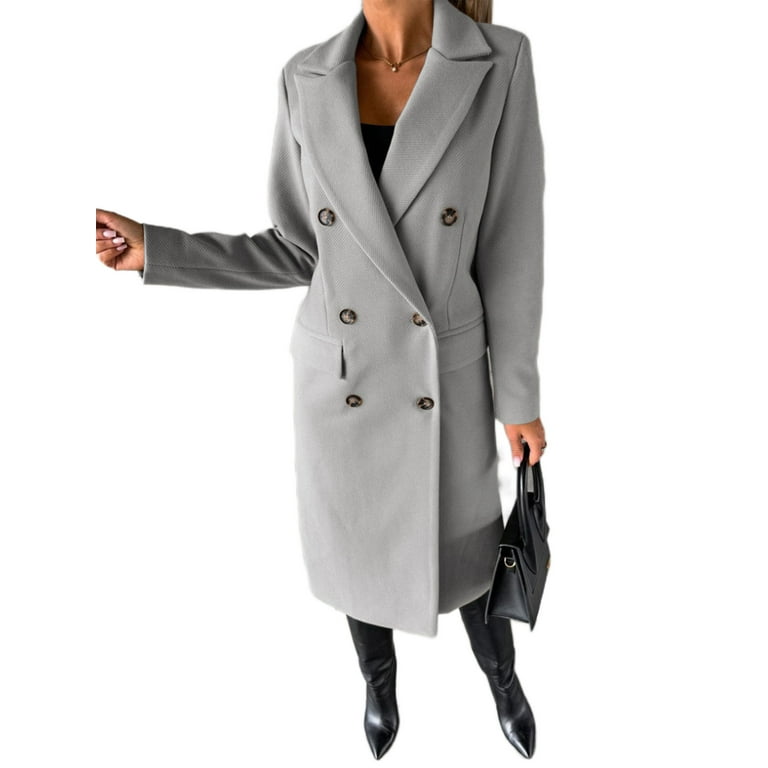 Frontwalk Ladies Casual Long Sleeve Overcoats Solid Color Classic Jacket  Women Double Breasted Winter Warm Pea Coats Light Grey L 