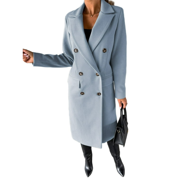 Frontwalk Ladies Casual Long Sleeve Overcoats Solid Color Classic Jacket  Women Double Breasted Winter Warm Pea Coats Sky Blue 3XL