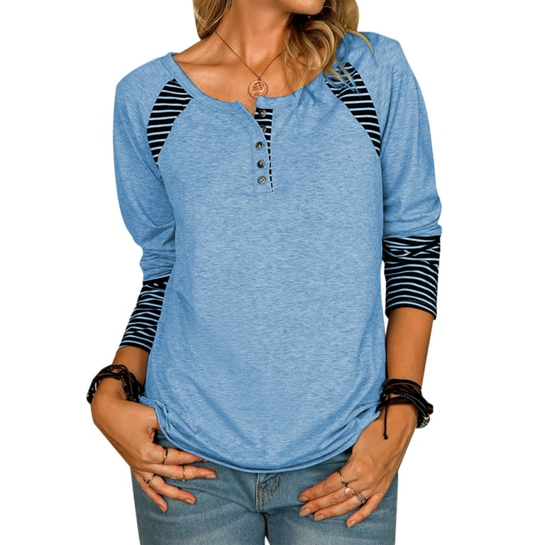 Frontwalk Ladies Casual Long Sleeve Pullover Striped Round Collar T-shirt  Women Crew Neck Travel Tee Light Blue S 