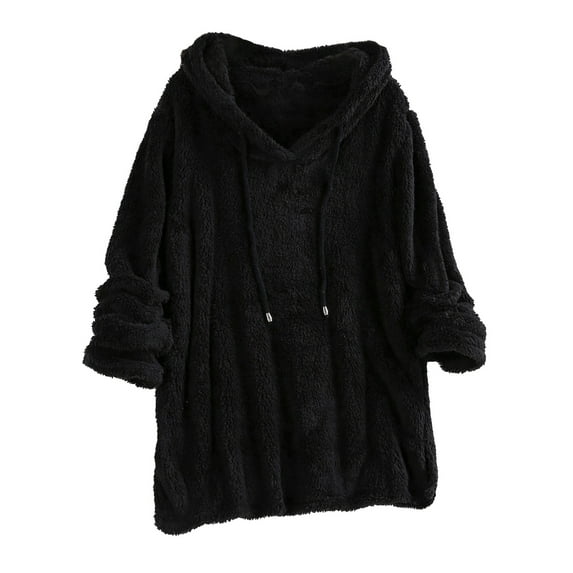 Frontwalk Ladies Casual Long Sleeve Sweatshirt Drawstring Loose Fit Pullover Solid Color Fall Hooded Tops Black L