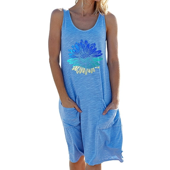 Frontwalk Ladies Casual Sunflower Print Tank Dresses Pullover Comfy Tunic Sundress With Pocket Work Midi Dress