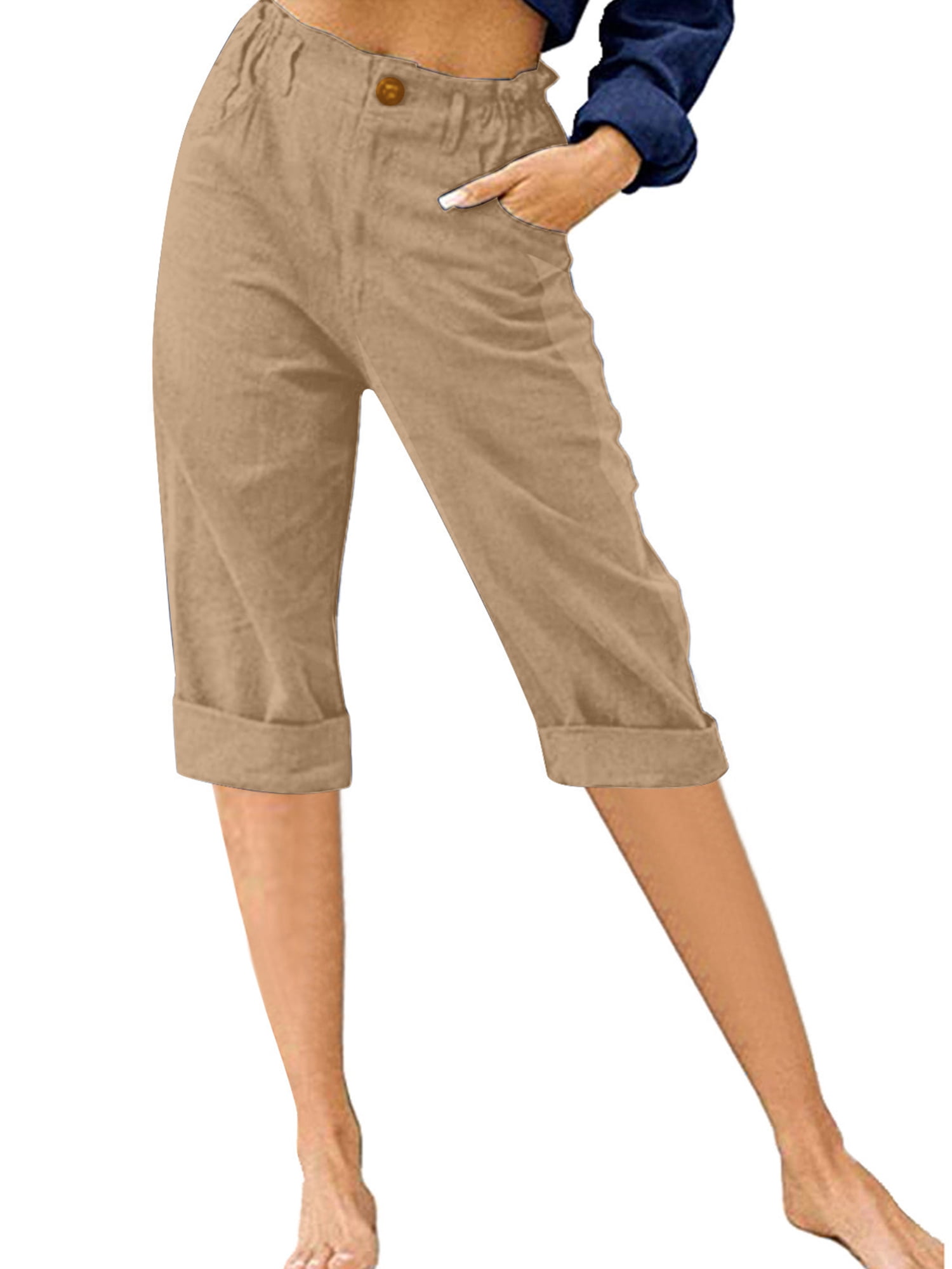 Frontwalk Ladies Cropped Pant High Waist Capri Pants Button Capris