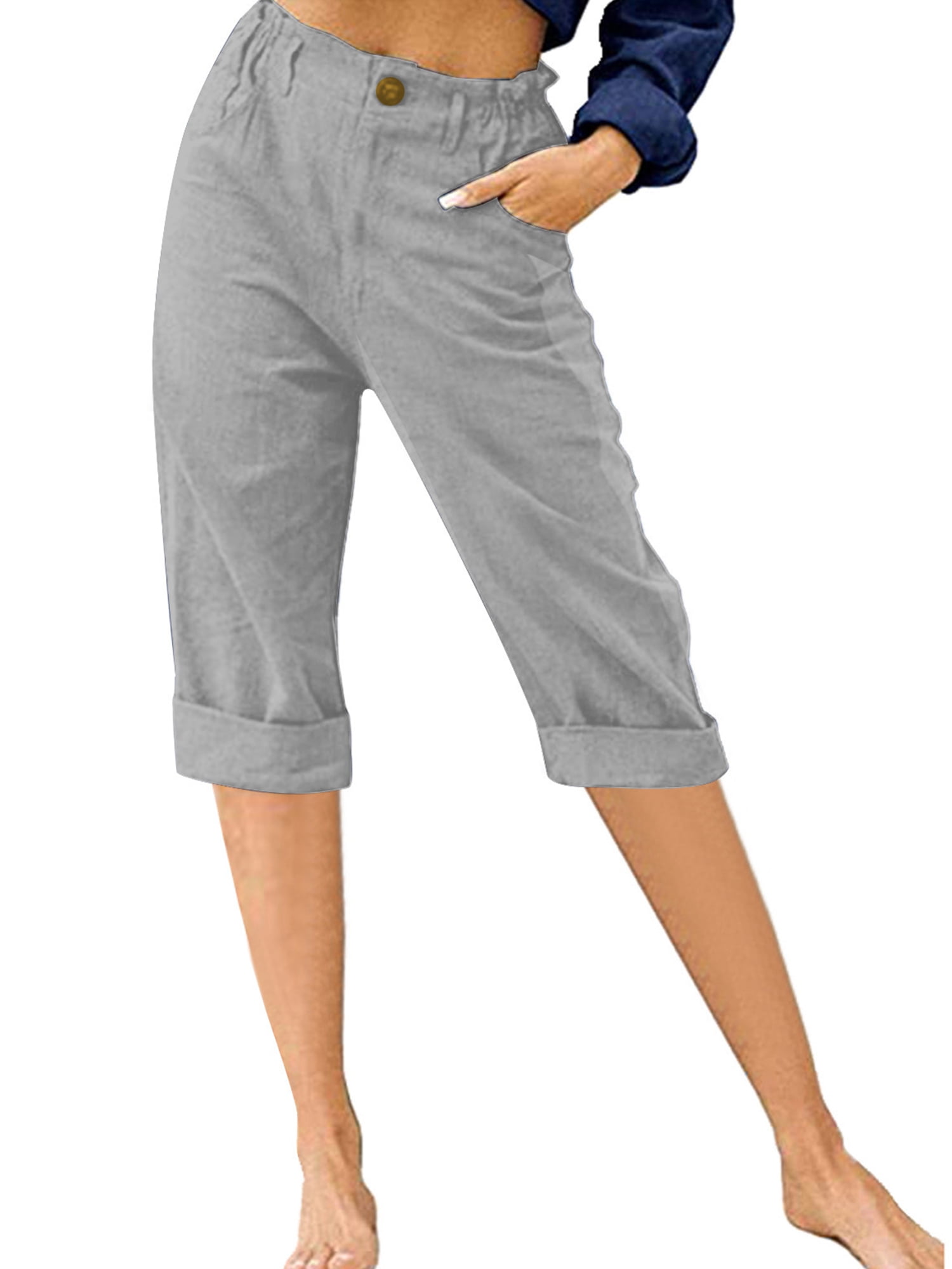 Frontwalk Ladies Cropped Pant High Waist Capri Pants Button Capris Women  Baggy Trousers Solid Color Bottoms Apricot XL 