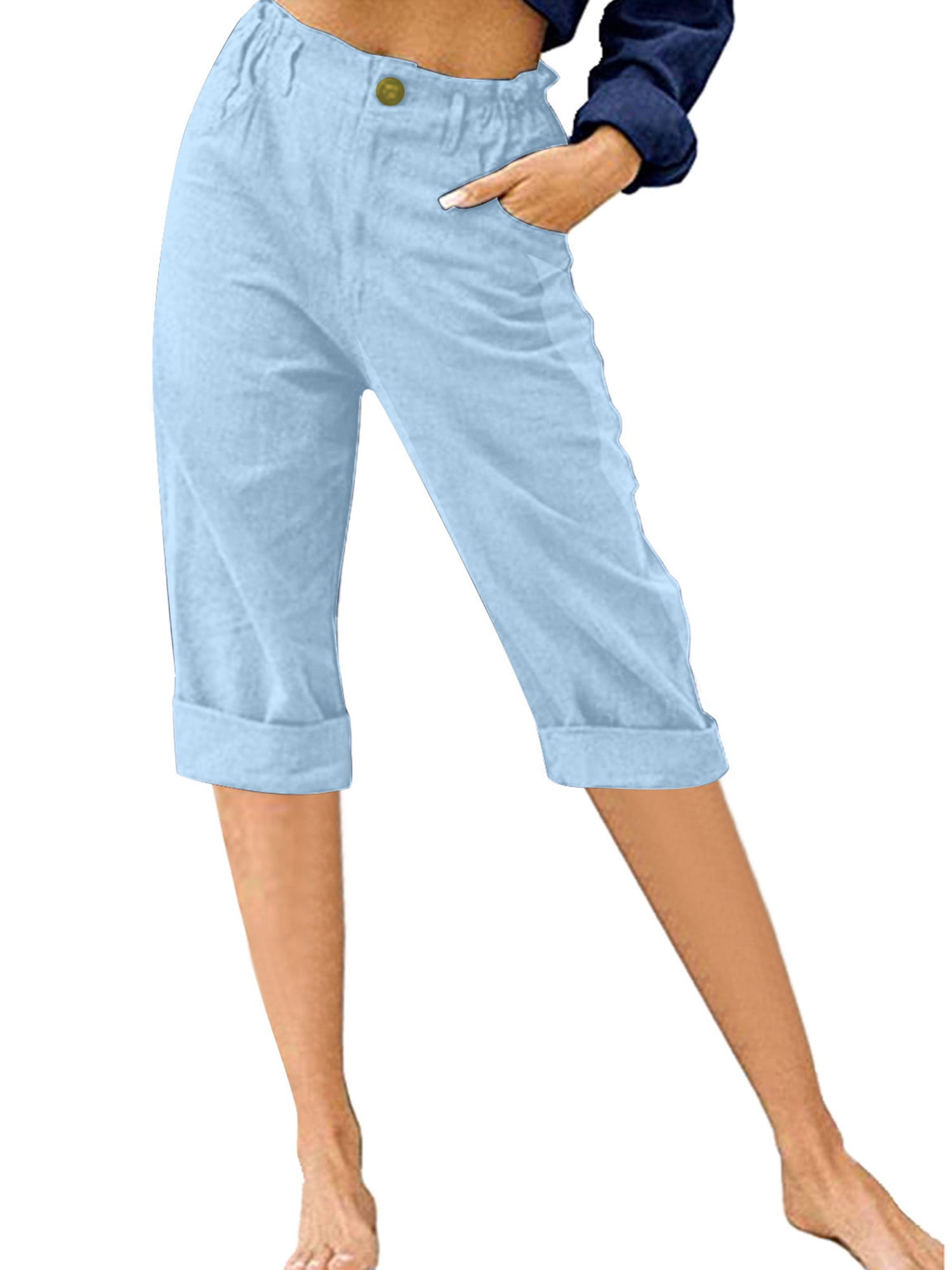 Frontwalk Ladies Cropped Pant High Waist Capri Pants Button Capris Women  Baggy Trousers Solid Color Bottoms Apricot XL 