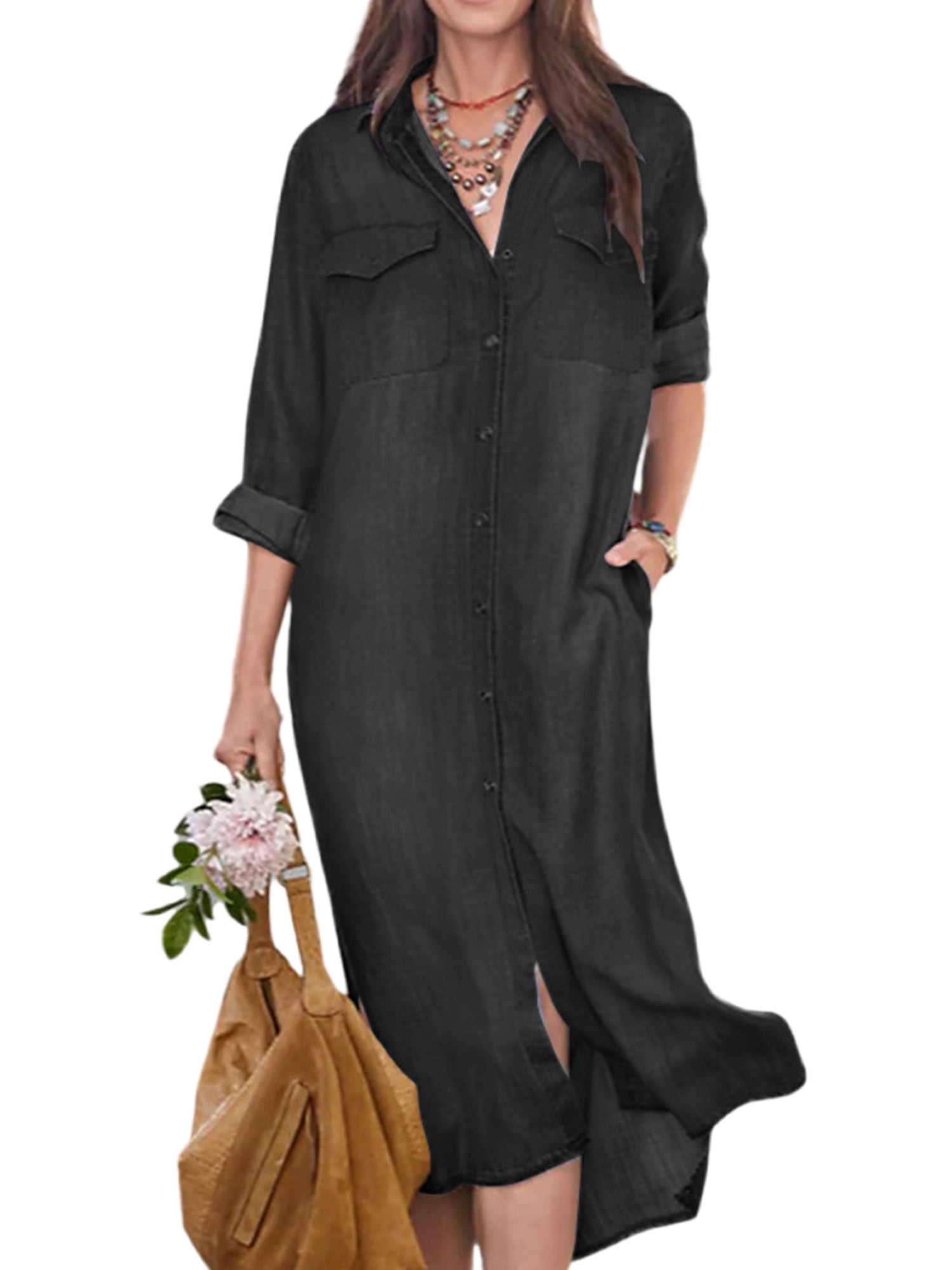 Frontwalk Ladies Denim Shirt Dress Button Down Jean Midi Dresses Long