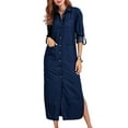thumbnail image 1 of Frontwalk Ladies Denim Shirt Dress Lapel Jean Dresses Button Down Travel Plain Long Sleeve Navy Blue 3XL, 1 of 5