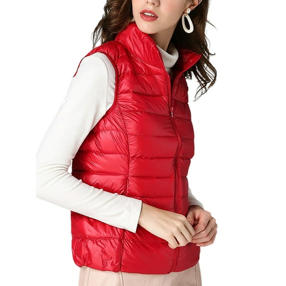 Frontwalk Ladies Down Vests Sleeveless Puffer Vest Zip Up Waistcoat Women Lightweight Outwear Stand Collar Jacket Big Red S