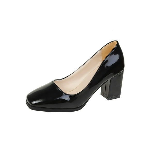 Frontwalk Ladies Dress Pump Shoes Square Toe High Heels Slip On Pumps Work Anti-Slip Heeled Shoe Womens Chunky Block Heel Black 5