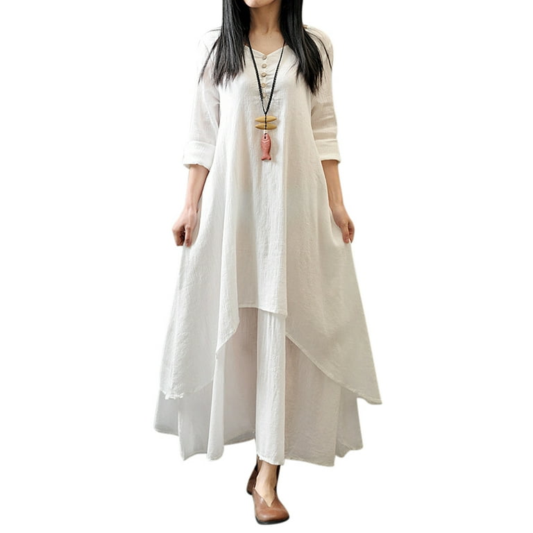 Frontwalk Ladies Dress V Neck Maxi Dresses Long Sleeve Autumn Loose Solid  Color White XL 
