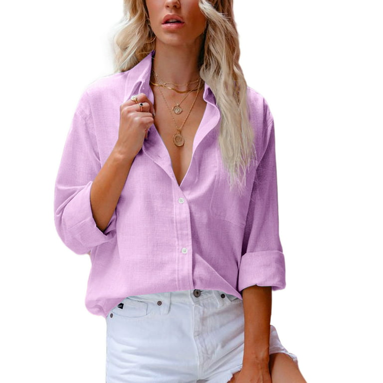 Frontwalk Ladies Elegant Baggy Shirts Lapel Neck Casual Tops Long Sleeve  Work Blouse With Pocket Light Purple XL 