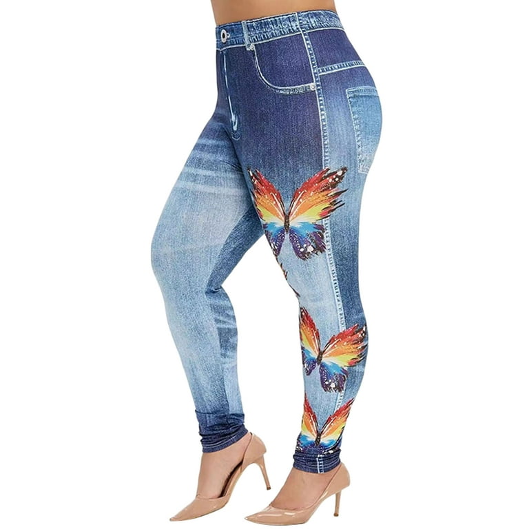 Frontwalk Jean Leggings for Women Plus Size Butterfly Printed Fake