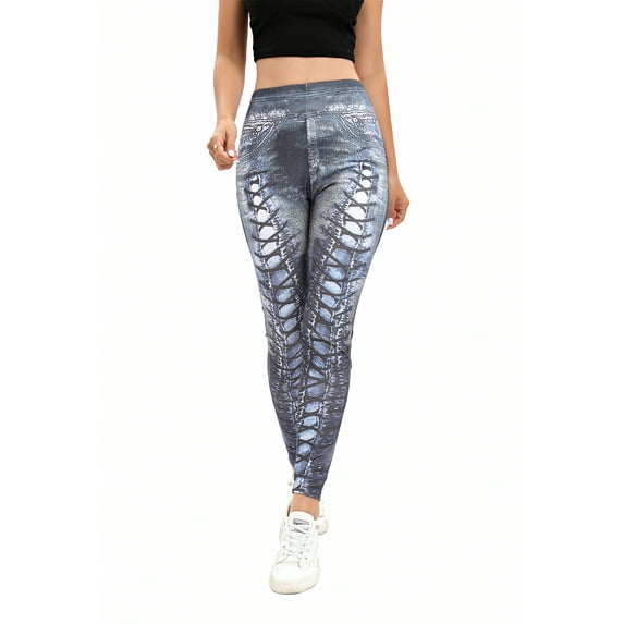 Frontwalk Ladies Faux Denim Pant Butt Lifting Fake Jeans High Waist Leggings Sport Slim Fit Jeggings Tummy Control Pencil Pants Blue Gray S