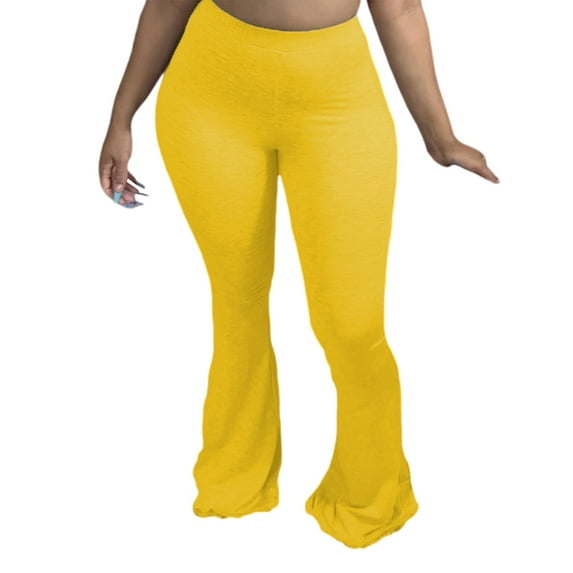 Frontwalk Ladies Flare Pant High Waist Trousers Elastic Waisted Bell Bottom Women Casual Pants Tummy Control Yellow M