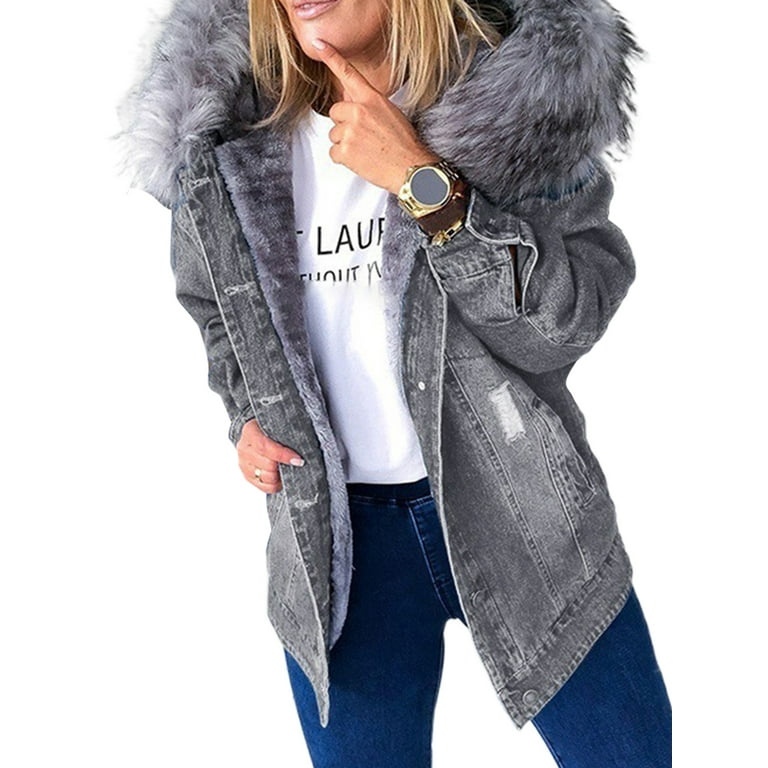 Frontwalk Ladies Fuzzy Fleece Collar Denim Jacket Lapel Neck Plain