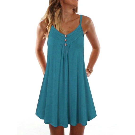 Frontwalk Ladies Hawaiian Solid Color Short Mini Dress Button Bohemian Swing A-Line Sundress Spaghetti Strap Summer Strappy Slip Dresses