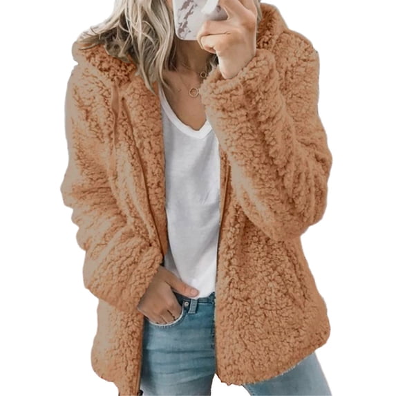 Frontwalk Women Casual Fluffy Jackets Fuzzy Fleece Hooded Weatshirt Long Sleeve Cardigan with Pockets