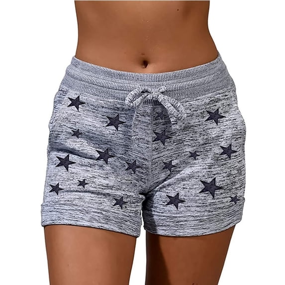 Frontwalk Ladies Hot Pants Printed Yoga Shorts Pocket Summer Short Workout Quick Dry Mini Trousers Elastic Waist Bottoms Five-pointed star + light grey XL