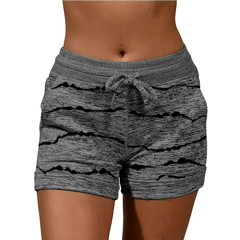 Frontwalk Ladies Hot Pants Printed Yoga Shorts Pocket Summer Short Workout  Quick Dry Mini Trousers Elastic Waist Bottoms Stripe + dark gray M 
