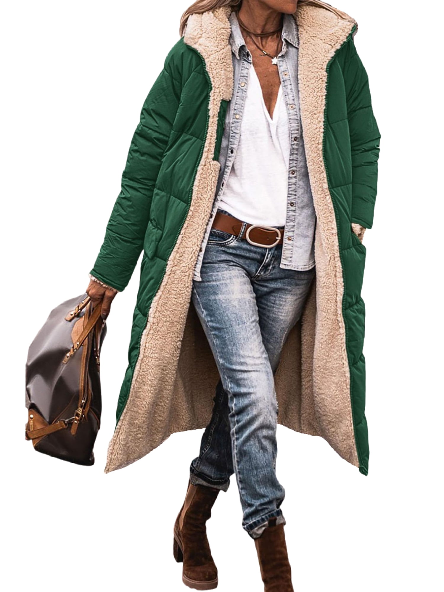Frontwalk Ladies Jackets Long Sleeve Sherpa Coats Shearling Fleece Outwear Women Fashion Overcoats Hooded Emerald Green M Walmart