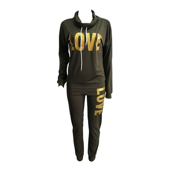 Frontwalk Ladies Jogger Set Long Sleeve Sweatsuits Letters Print Two Piece Outfit Running Casual Lounge Sets Draped Neck Army Green L