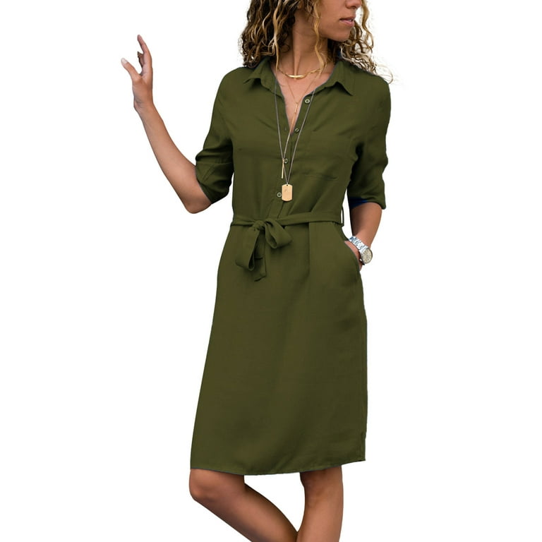 Frontwalk Ladies Knee Length Dresses Lapel Collar Midi Dress 3/4 Sleeve  Office Basic Button Down Green L 