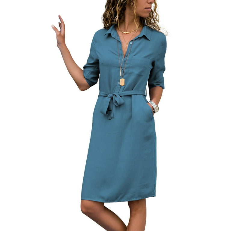 Frontwalk Ladies Knee Length Dresses Lapel Collar Midi Dress 3/4 Sleeve  Office Basic Button Down Light Blue S 