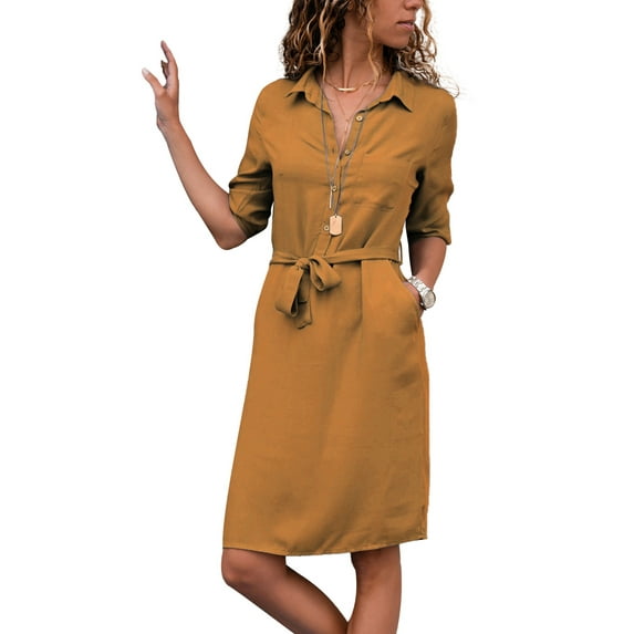 Frontwalk Ladies Knee Length Dresses Lapel Collar Midi Dress 3/4 Sleeve Office Basic Button Down Yellow XL