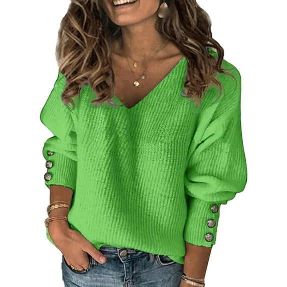 Frontwalk Ladies Knitwear Buttons Decor Tunic Blouse Long Sleeve Loose Knit Tops Women Baggy Loungewear Pullover Green L