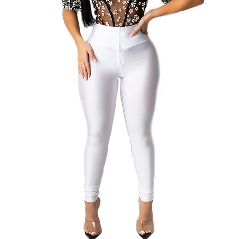 Frontwalk Ladies Leggings High Waist Long Pant Shiny Pants Holiday Boho  Trousers Solid Color Bottoms White L 