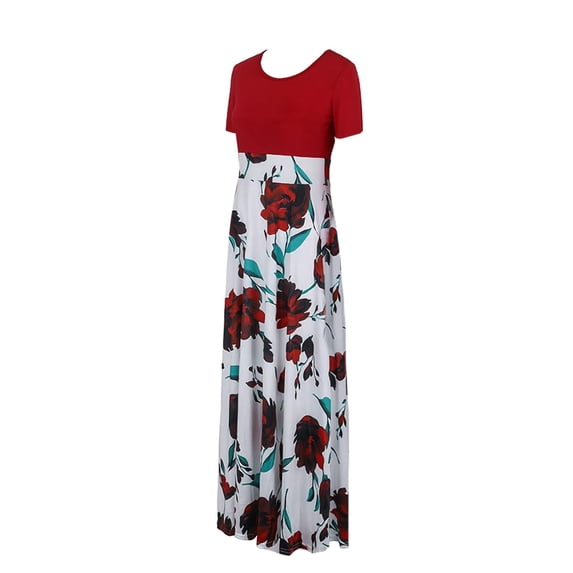 Frontwalk Ladies Long Dress Short Sleeve Maxi Dresses Crew Neck Summer Beach Sundress Holiday Casual Floral Print Red L