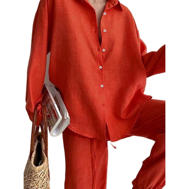 Frontwalk Ladies Lounge Sets Button Down Casual Suits Long Sleeve 2 Piece  Outfits Women Loose Fit Shirt And Pants Lapel Neck Loungwear Orange 3XL 