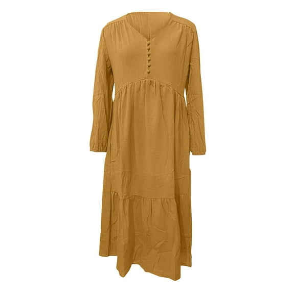 Frontwalk Ladies Maxi Dresses Buttons Decor Full Length Dress Long Sleeve Women Vintage V Neck Yellow -brown 3XL