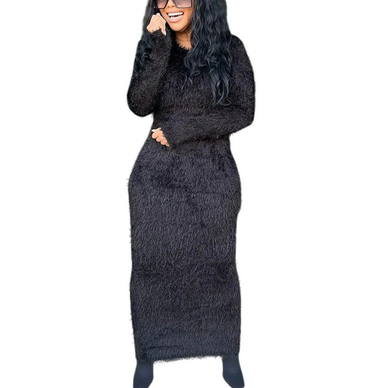 Frontwalk Ladies Maxi Dresses Long Sleeve Sweater Dress Fuzzy Fleece Winter  Loose Crew Neck Black L 