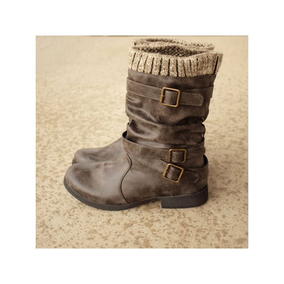 Frontwalk Ladies Mid Calf Boot Block Chunky Slouch Boots Pull On Riding Bootie Office Non Slip Winter Shoes Women Buckle Strap Booties Gray 8