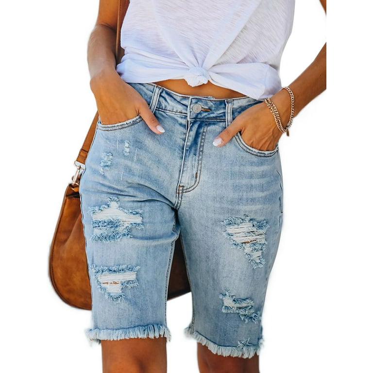 Frontwalk Ladies Midi Trousers Hole Denim Jeans Skinny Bottoms Travel Soft  Mini Pants Ripped Shorts Light Blue M